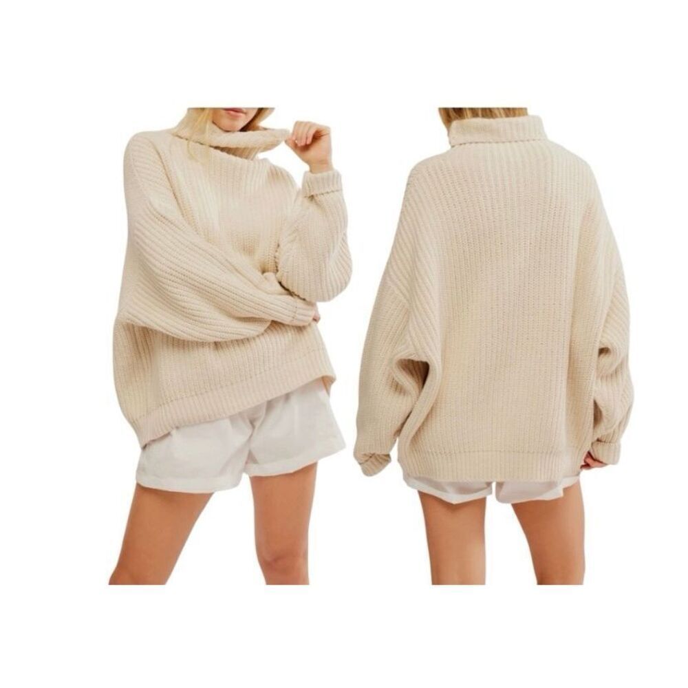 Free People Swim Too Deep Oversized Chunky Knit Sweater M Cowl Mock Neck